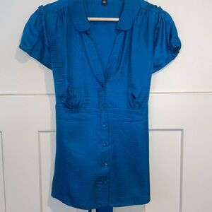Banana Republic Silk Blue Cap Sleeve Blouse with Peter Pan Collar and Waist Tie